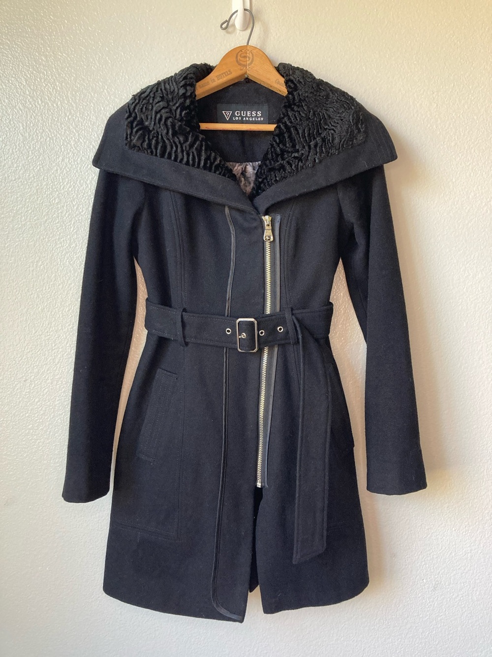 Vintage Y2K Guess Wool blend coat jacket belted faux Sherpa shawl collar sz S
